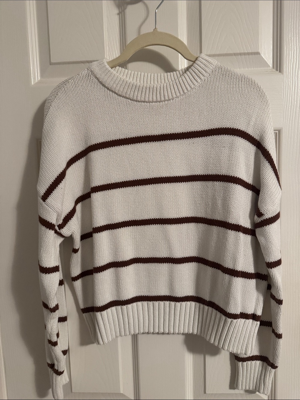 White & Brown Striped Women's Crewneck Sweater